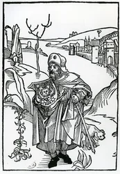 Gerson como um peregrino, frontispício de &39;Gersonis Opera&39; por Jean Gerson, publicado em 1489